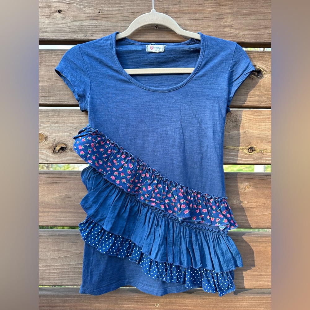 Vintage Y2K Navy Floral Polka Dot Ruffle Baby Doll Tee